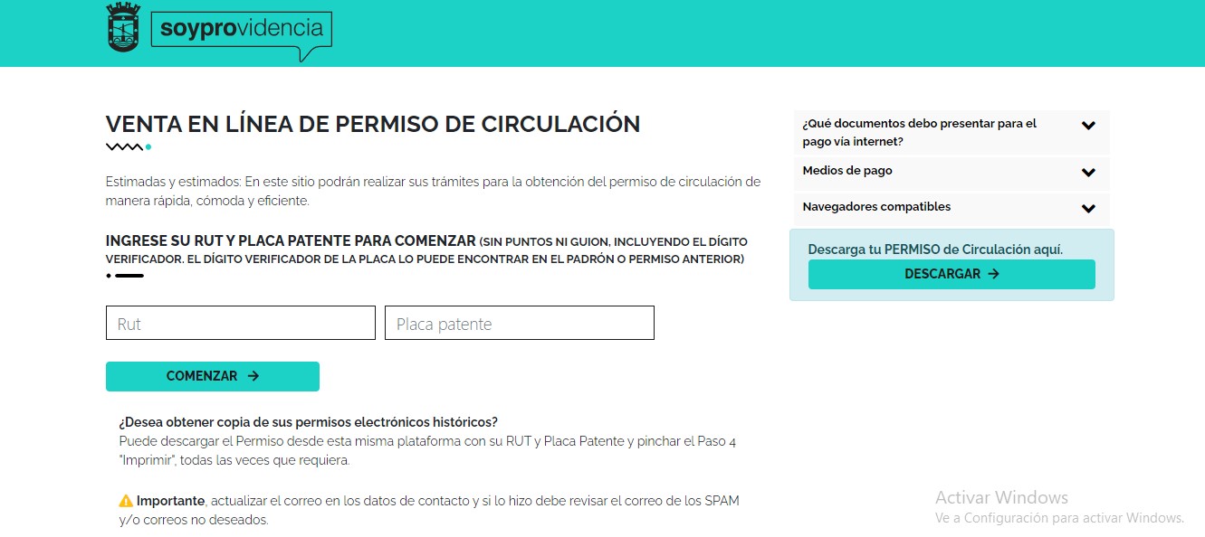 Portal de pagos para permiso de circulación Providencia